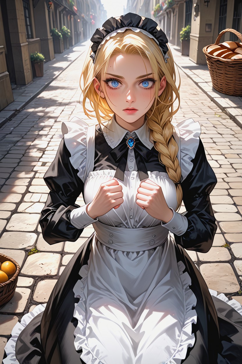 On Knees, 18+, Blurred Trembling Maid On Ground Hentai AI Porn