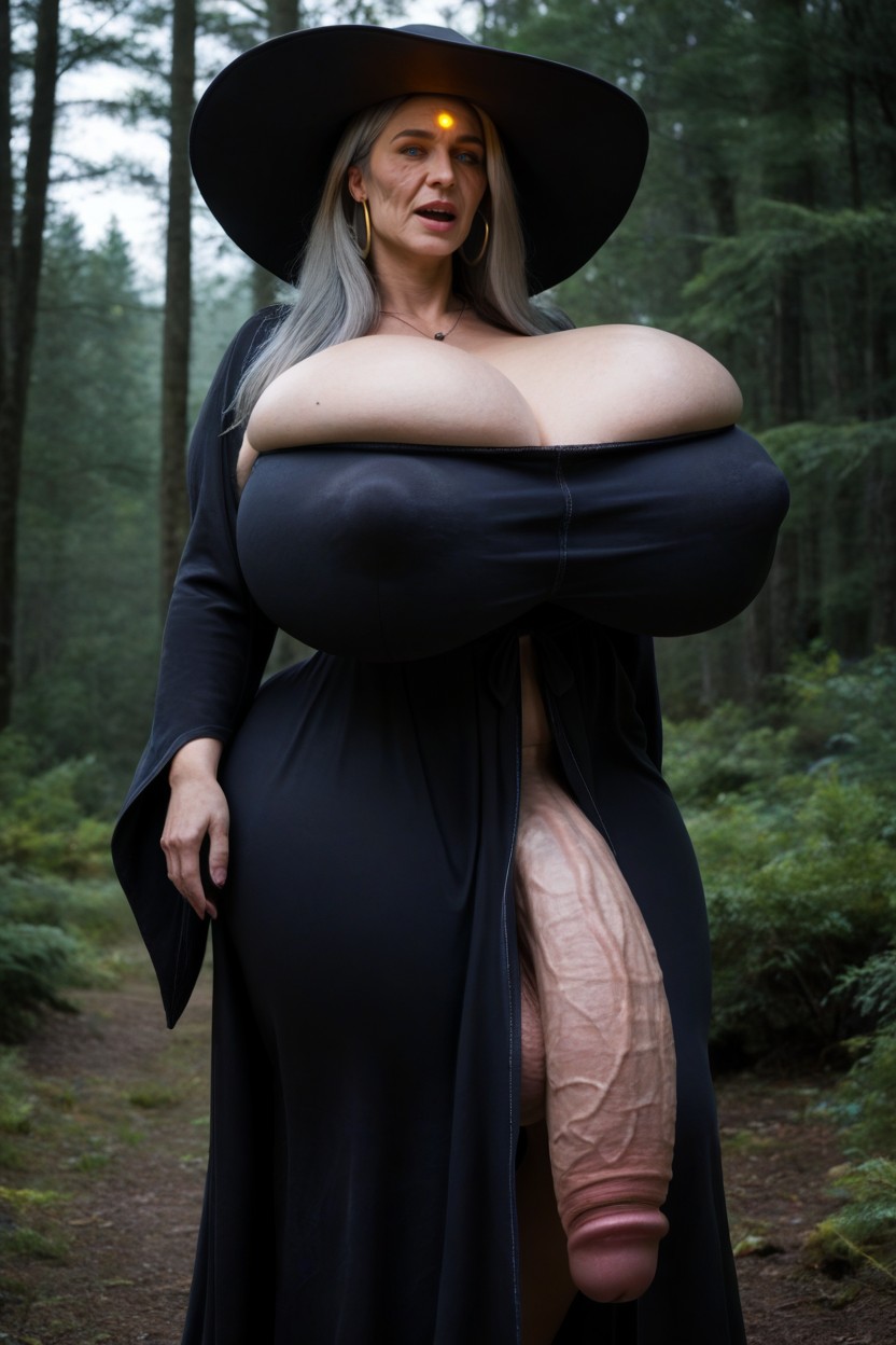 Voluptuous, Witch Hat, Blue Eyes Glowing Shemale AI Porn