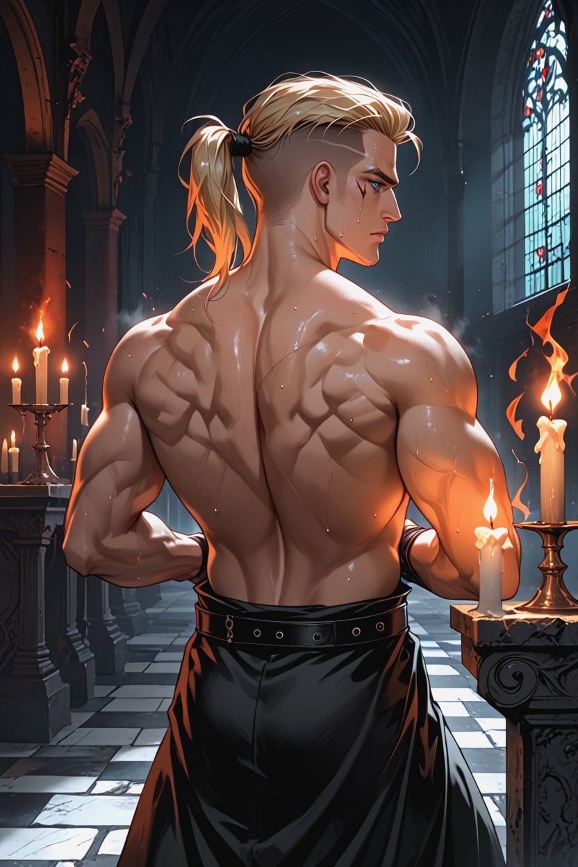 Dark Gothic Chapel Interior, Gripping Scourge In One Hand, Pale Blonde Hair Hentai AI Porn