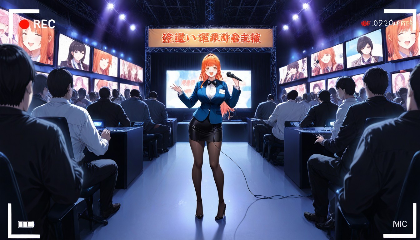 Blue Blazer, Hand Lifting Mic, Waist Shot Hentai AI Porn