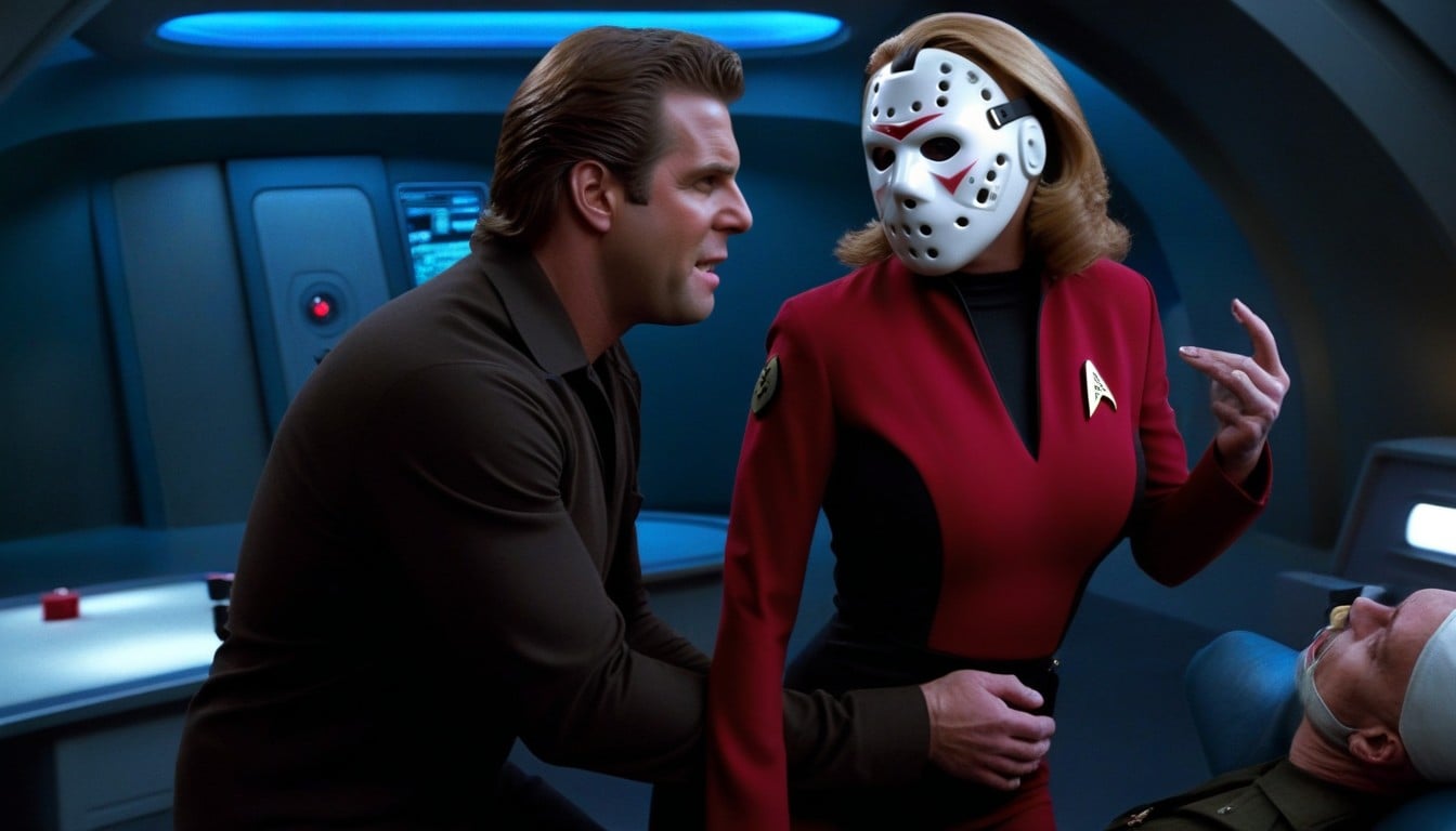 Man In The Image, Man Wears A White Mask Jason Voorheese From Movie Friday The Th, Breasts Visible AI Porn