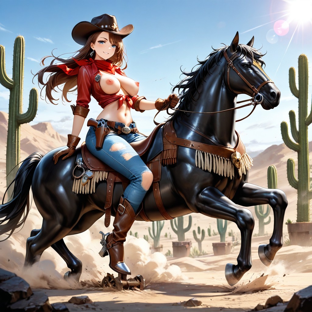 Big Sheriff Star On Chest, Many Cactus Trees Around, Loose Waist Slung Belt Pistol Holster Belt Hentai AI Porn