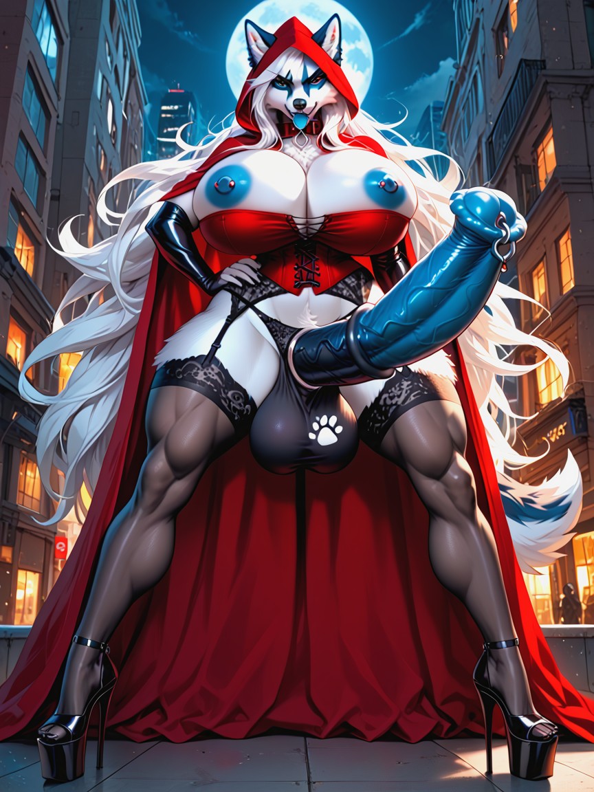 Red Velvet Corset With Open Chest, Colossal Breast, Gigantic Penis Of Pony Furry AI Porn