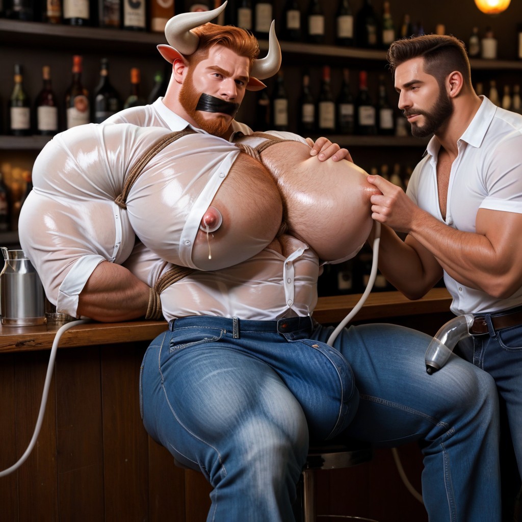 Sitting Behind Bar, Angry, Masculine Facial Features AI Gay Porn
