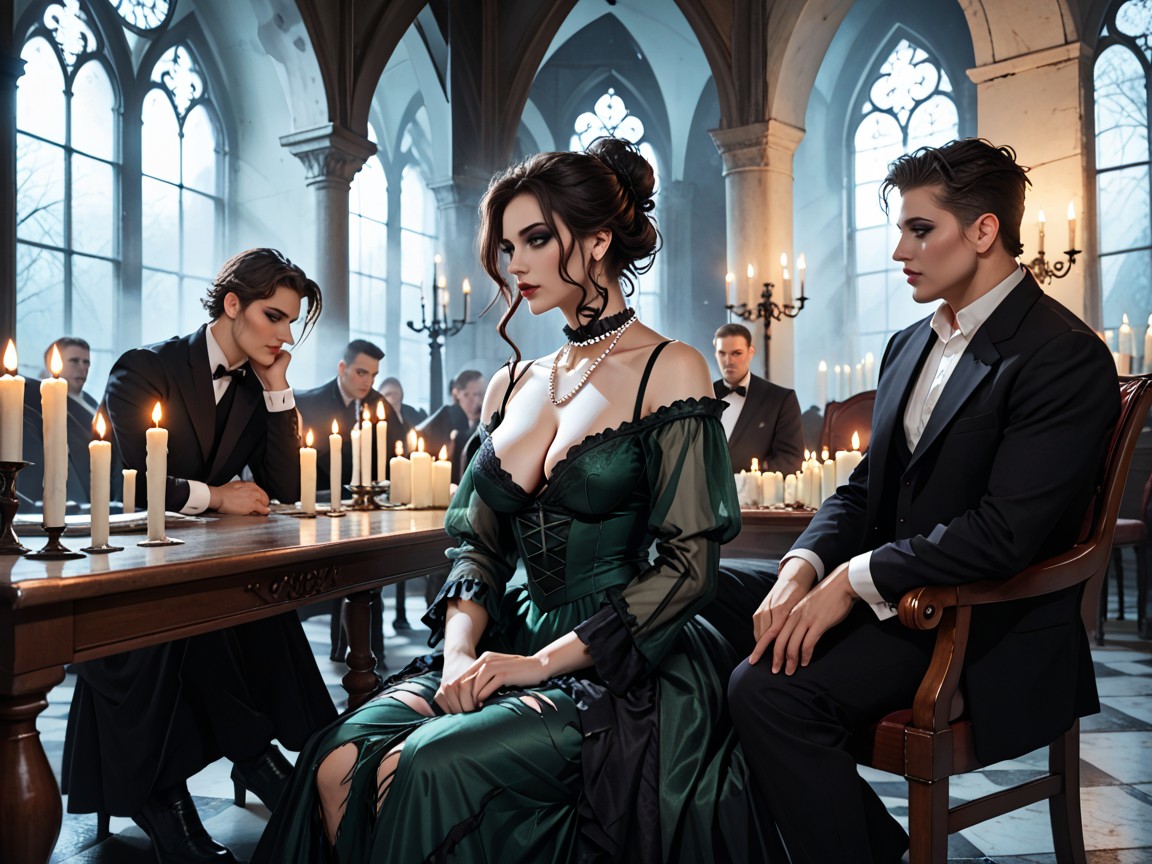 Cinematic Gothic Horror Realism, Luscious Updo Hair, Dark Brunette Hair AI Porn