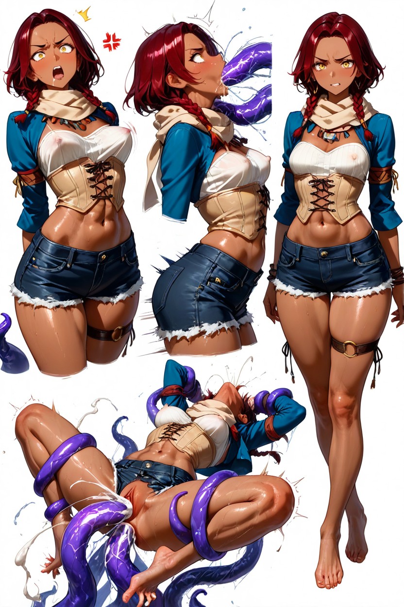 Angry, Beige High Bustier Over A Pale Blue Sleeve Shirt, Shredding Hentai AI Porn