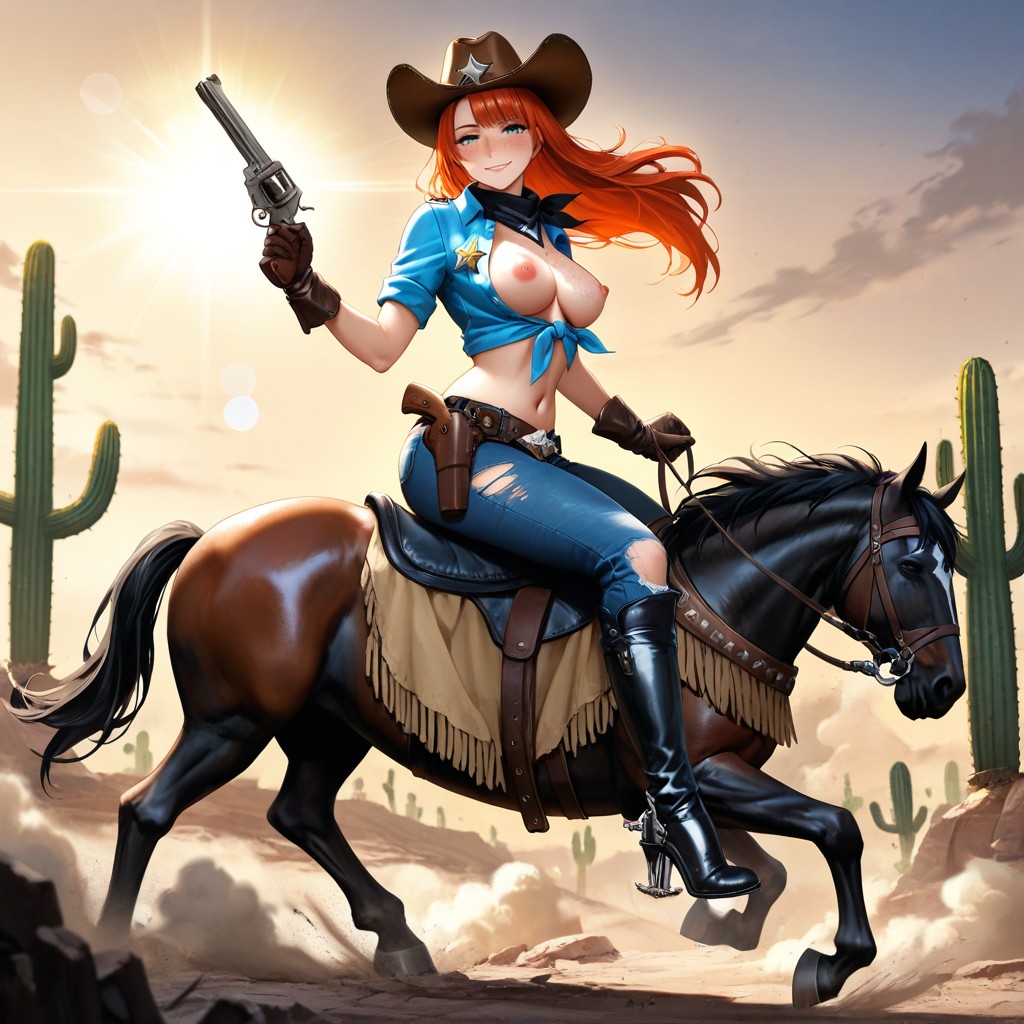 Freckles, Medium Ass, Riding A Large Blackhorse Hentai AI Porn