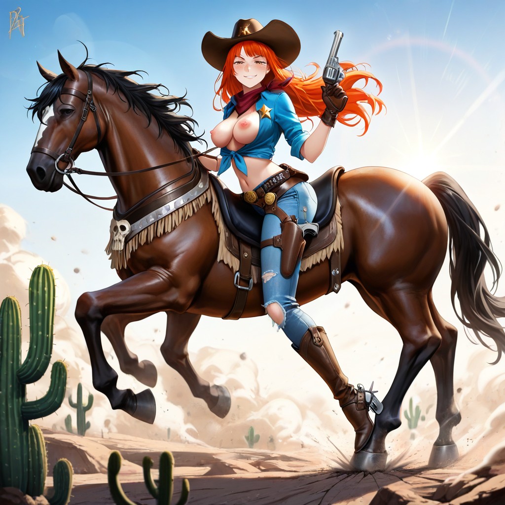 Freckles, Riding A Large Blackhorse, Large Eyes Hentai IA
