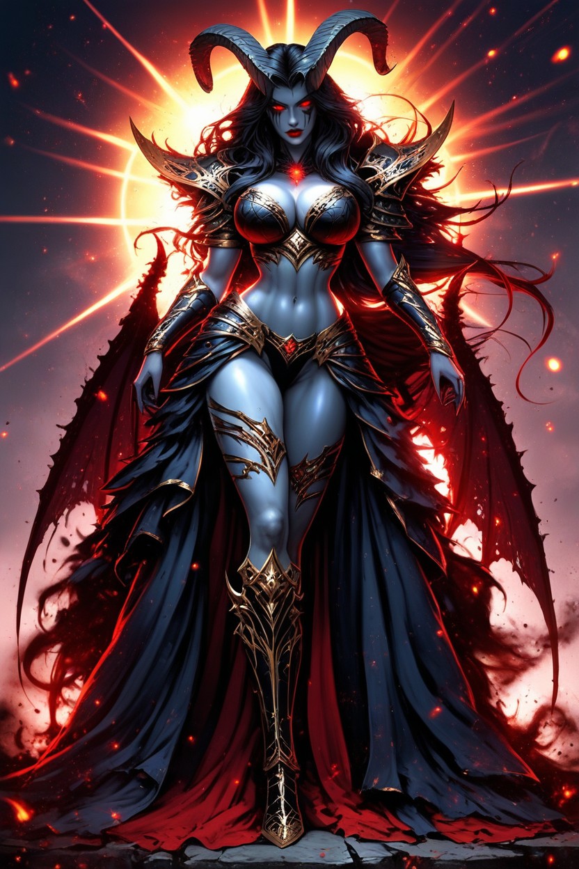 Wearing Her Sexy Iconic Armor With Glowing Orange Accents, Grey Blue Skin, Long Flowing Black Hair Hentai IA