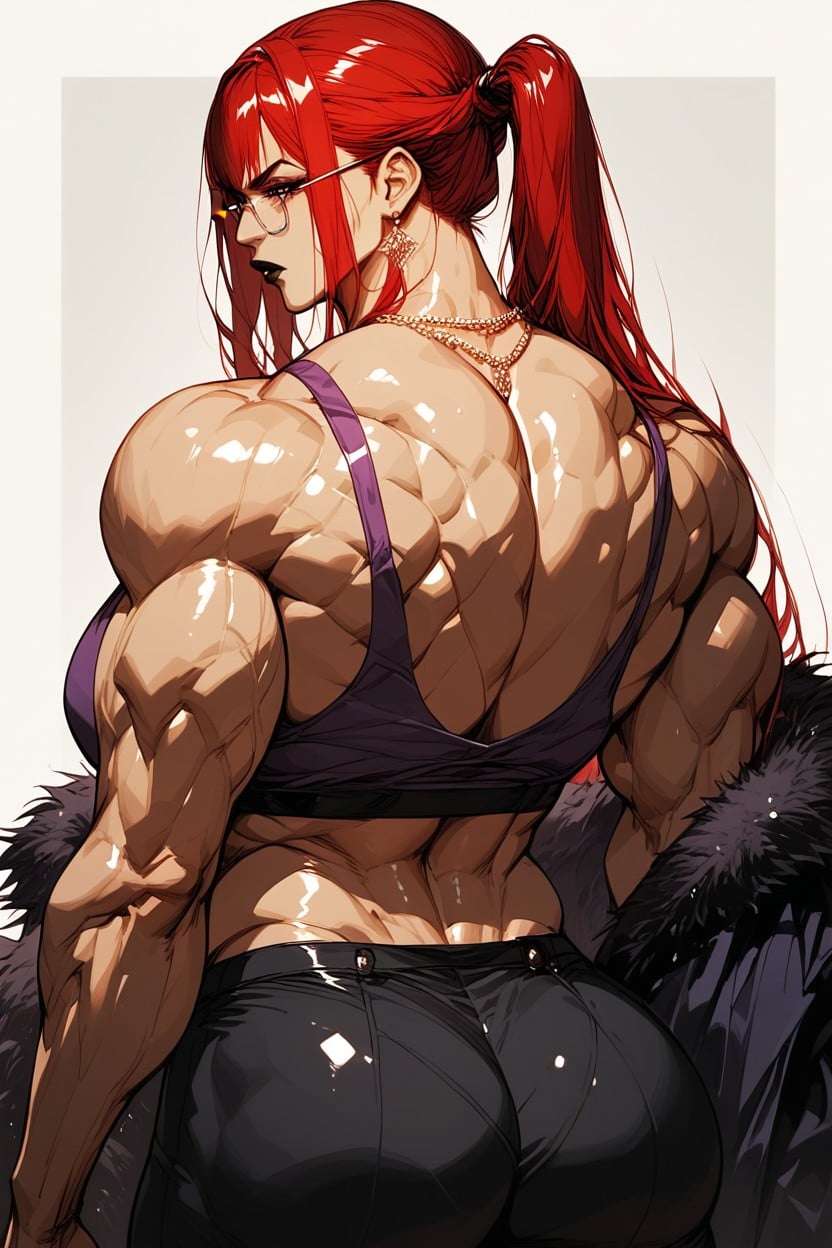 Beach Background, Extremely Straight Long Red Hair, Purple Crop Top MILF AI Porn