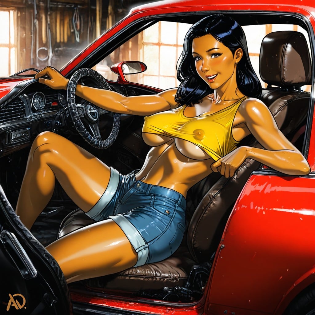 Horny, Shes Sitting In Drivers Seat, Breast Exposed AI Porn