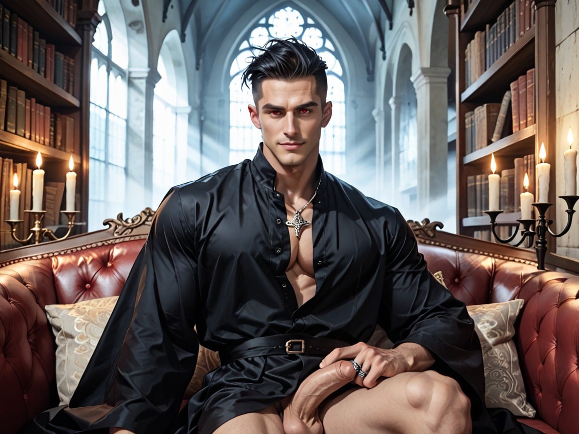 Dimly Lit, Shadowed Gothic Library Lined With Bookshelves, Candlelight And Dust Motes In The Air AI Gay Porn
