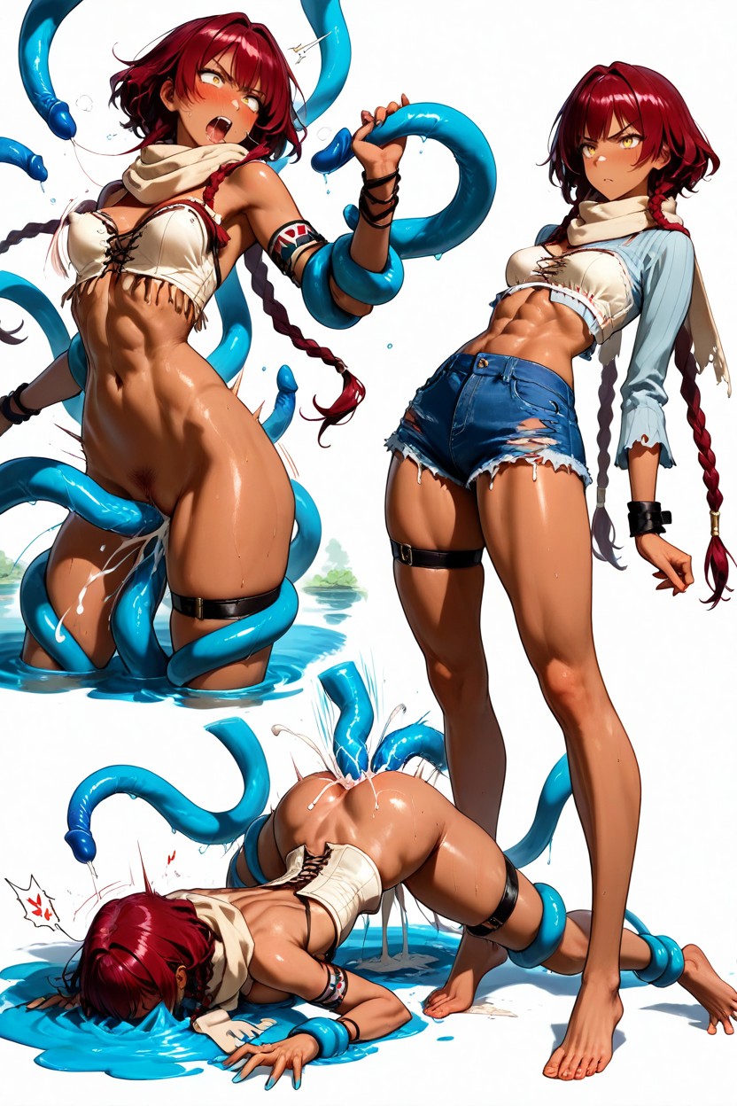 Small Breasts, Crotch Lenght Denim Shorts, Yellow Eyes Hentai AI Porn