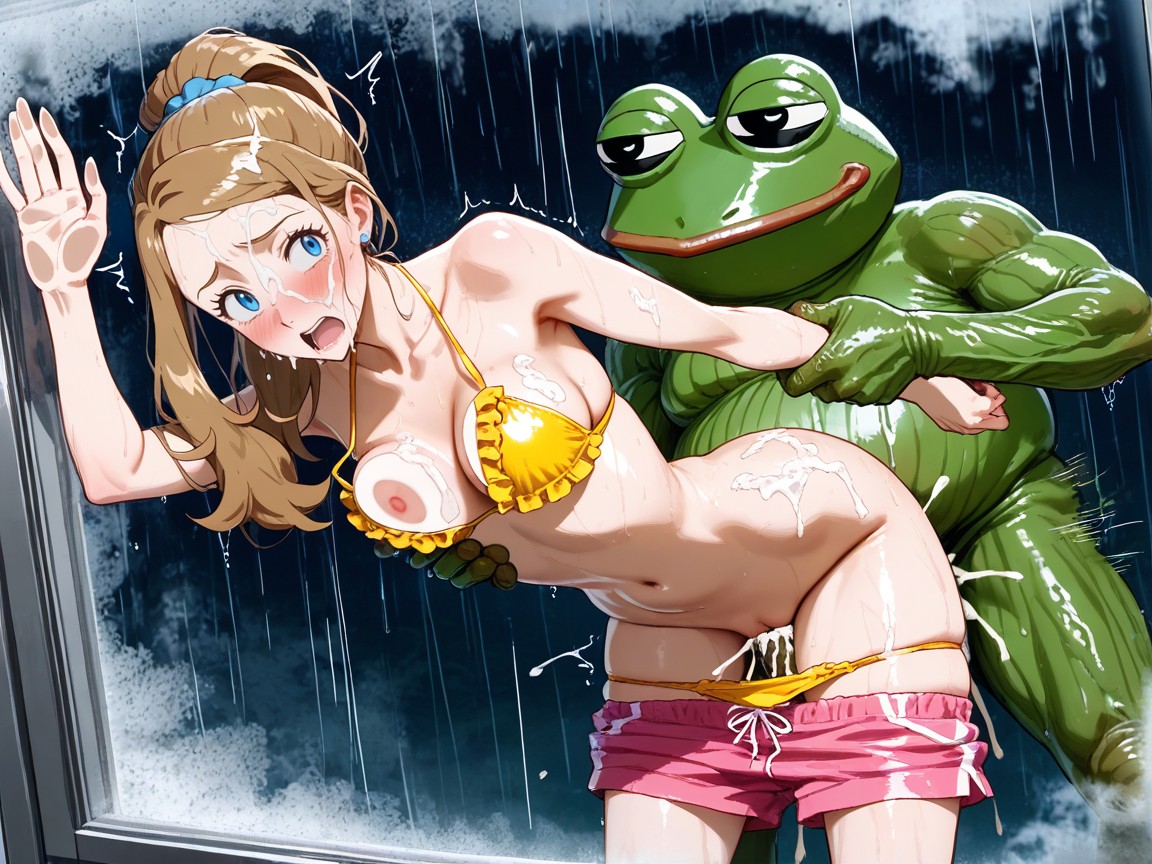 Group Fuck Pepe, Tits On Glass, Dark Brown Hair AI Porn