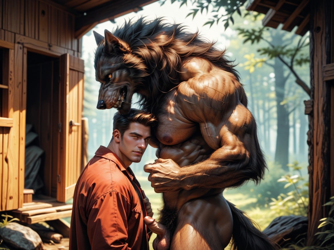 Drooling Werewolf Has A Muscular Furry Werewolf Body, Werewolf Hairy, Log Cabin AI Gay Porn