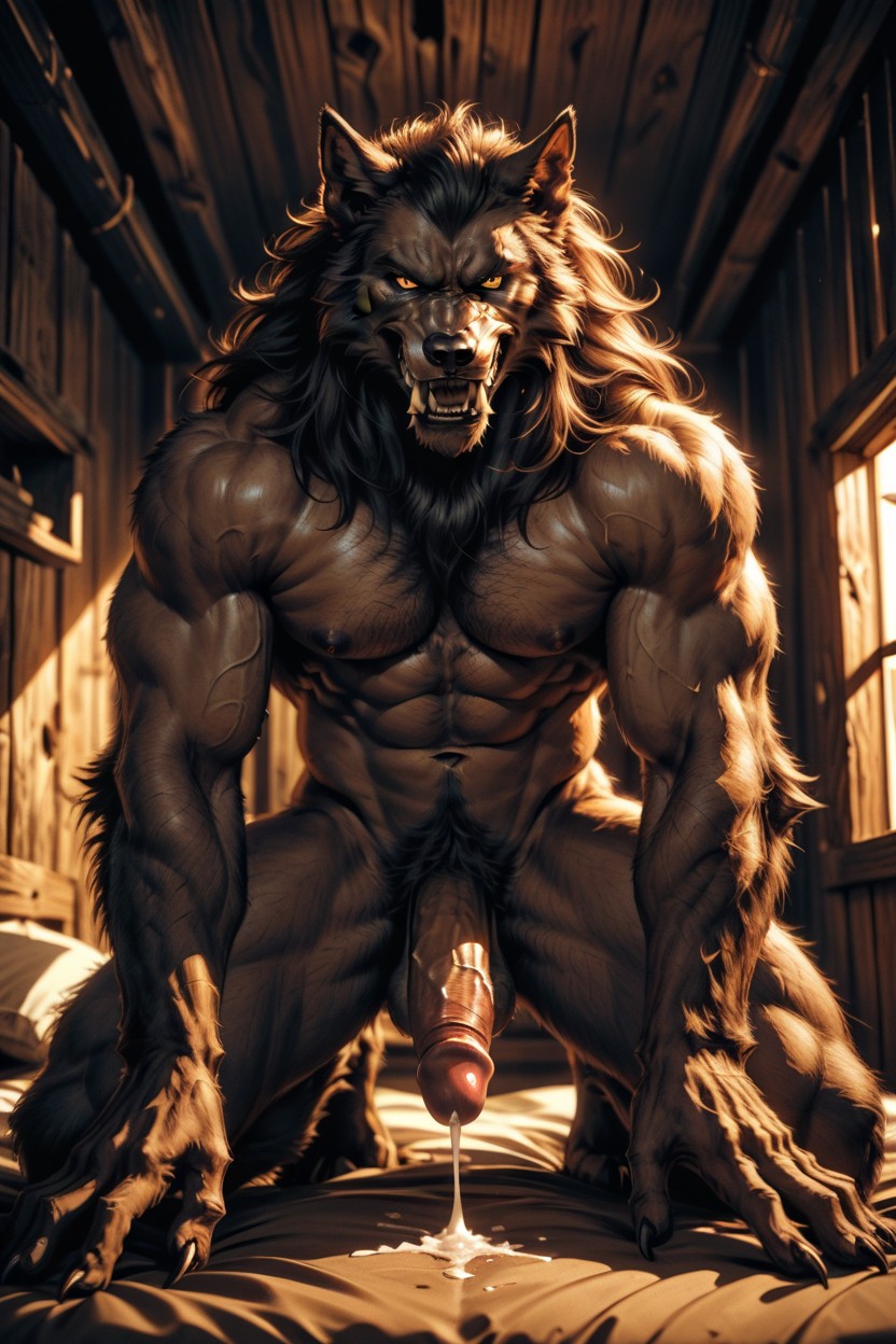 Werewolf Has Wolflike Paw Hands, Muscular, Werewolf On Top Is Happy AI Gay Porn