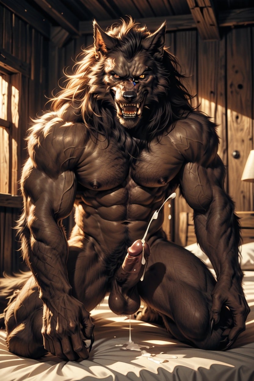 Werewolf On Top Is Happy, Kneeling, Large AI Gay Porn