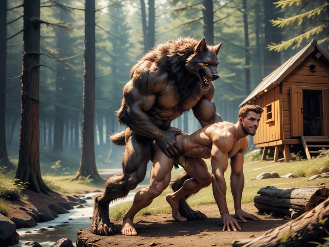 Full Body, Werewolf Brown Fur And Hair, Small AI Gay Porn