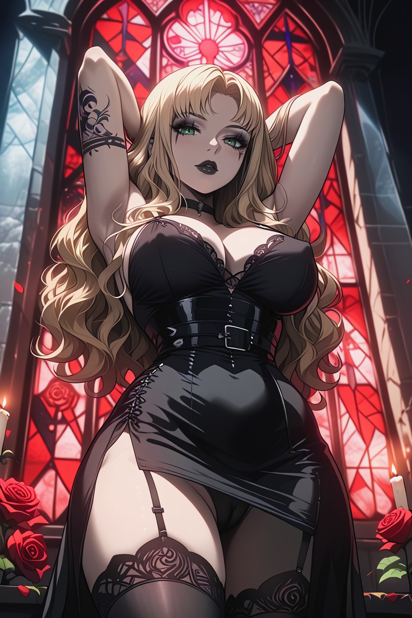 Upper Body, Red Rose Petals Scattered, Long Wavy Blonde Hair Hentai AI Porn