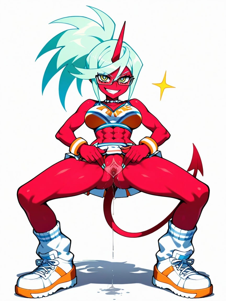 Bowlegged Pose, Anime Style, Red Devil Tail Hentai AI Porn