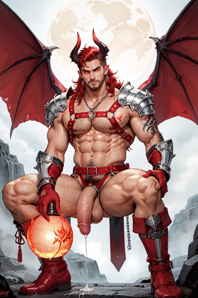 Red Chains Harness, Grabbing Red Fire Globe In Hand, Wearing Revealing Red Armor AI Gay Porn