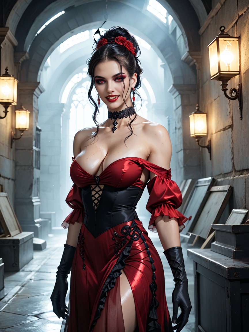 Seductive Look, Dark Crimson Red Silk Gown With Square Neckline, Elbow Gloves AI Porn