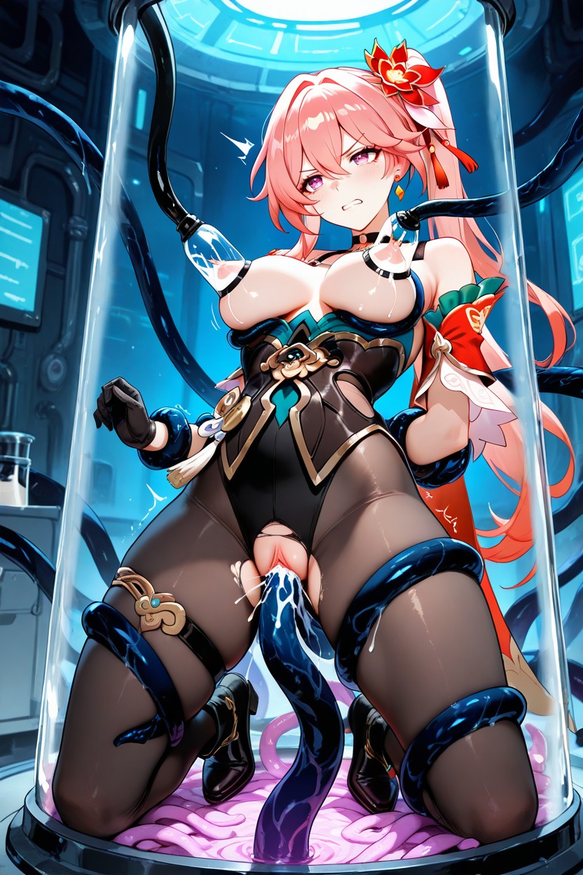 Exposed Pussy, With Peach Pink Hair In A Loose Ponytail With Side Bangs, Tentacle Milking Breast Hentai AI Porn