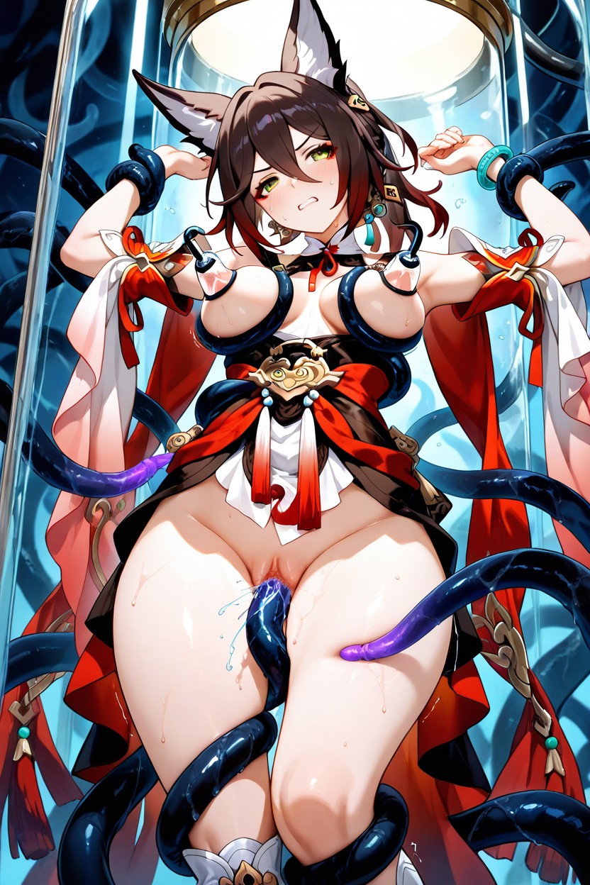 Black And White Dress With Gold Accents, Black Tentacles Grabbing Arms, Head Tilt Hentai AI Porn