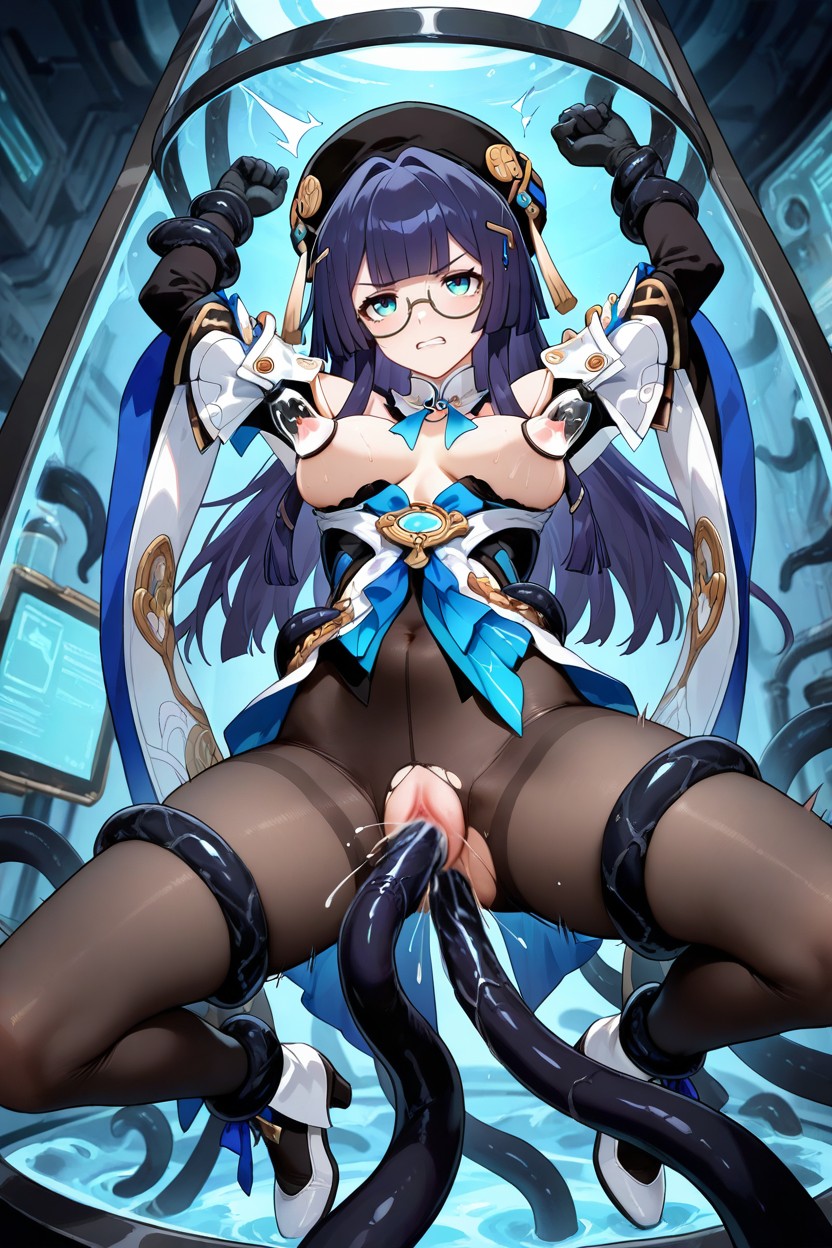 Medium Breasts, Hundreds Of Tentacles Invade Her Body, With Long Dark Purple Hair And Glasses Hentai AI Porn