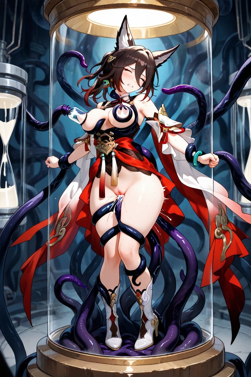 Medium Breasts, Milking Machine, Red Flowing Cape With Purple Inner Fabric Hentai AI Porn