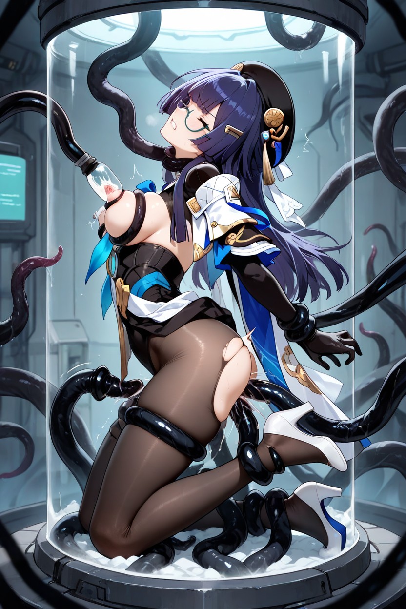 Motion Lines, Exposed Nipple, Black Tentacles Grabbing Neck Hentai AI Porn