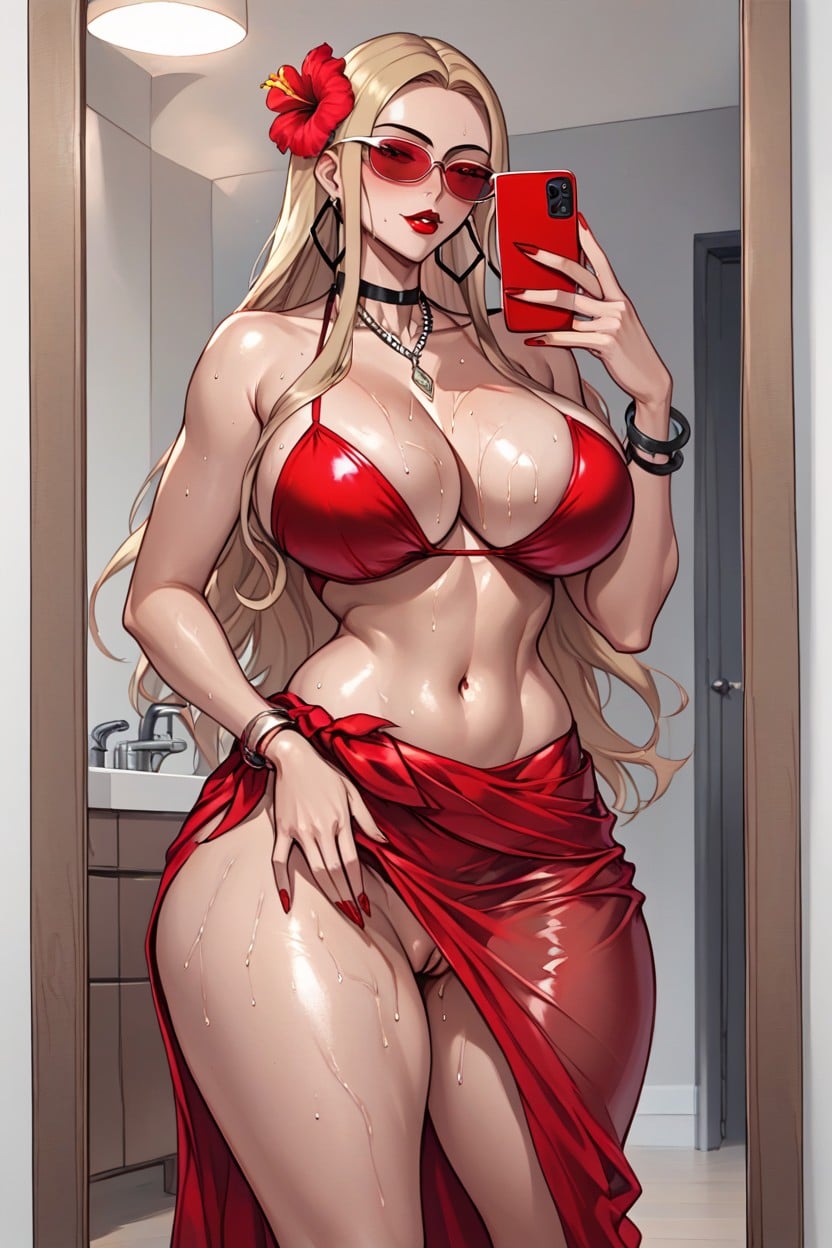 Heavy Breathing, Red Sarong, Seductive Hentai AI Porn