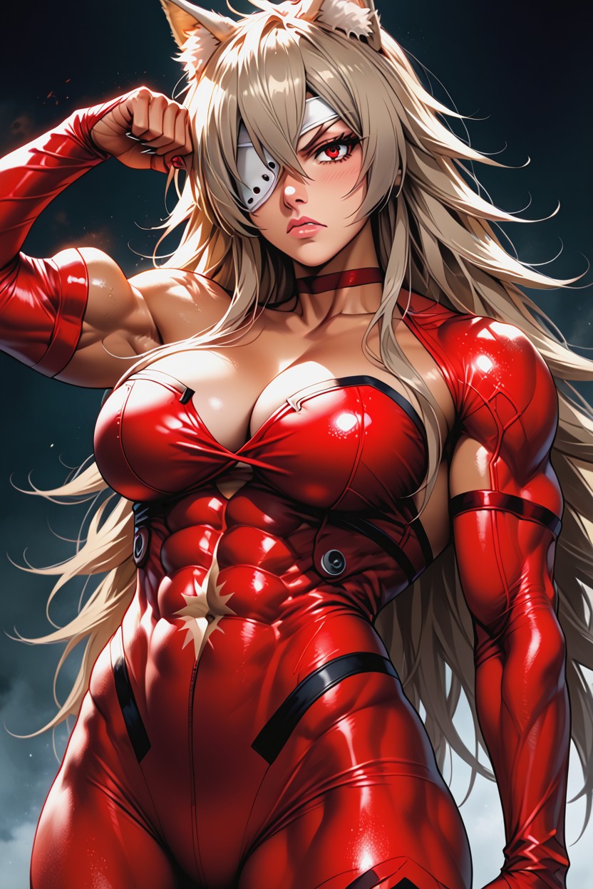 Very Muscular Body, Exposed Cleavage, White Eyepatch Hentai AI Porn
