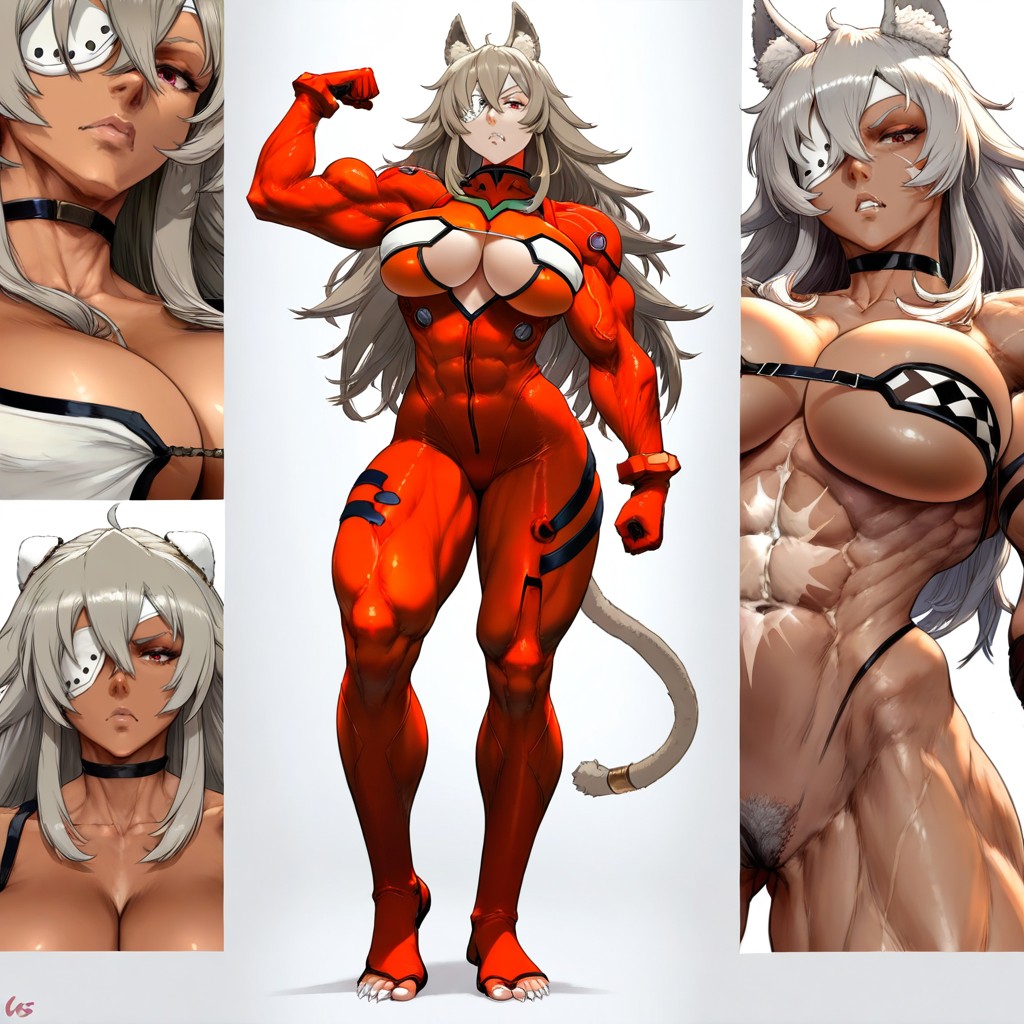 Close Up On Cleavage, Very Muscular Female, Long White Sharp Nails Hentai AI Porn