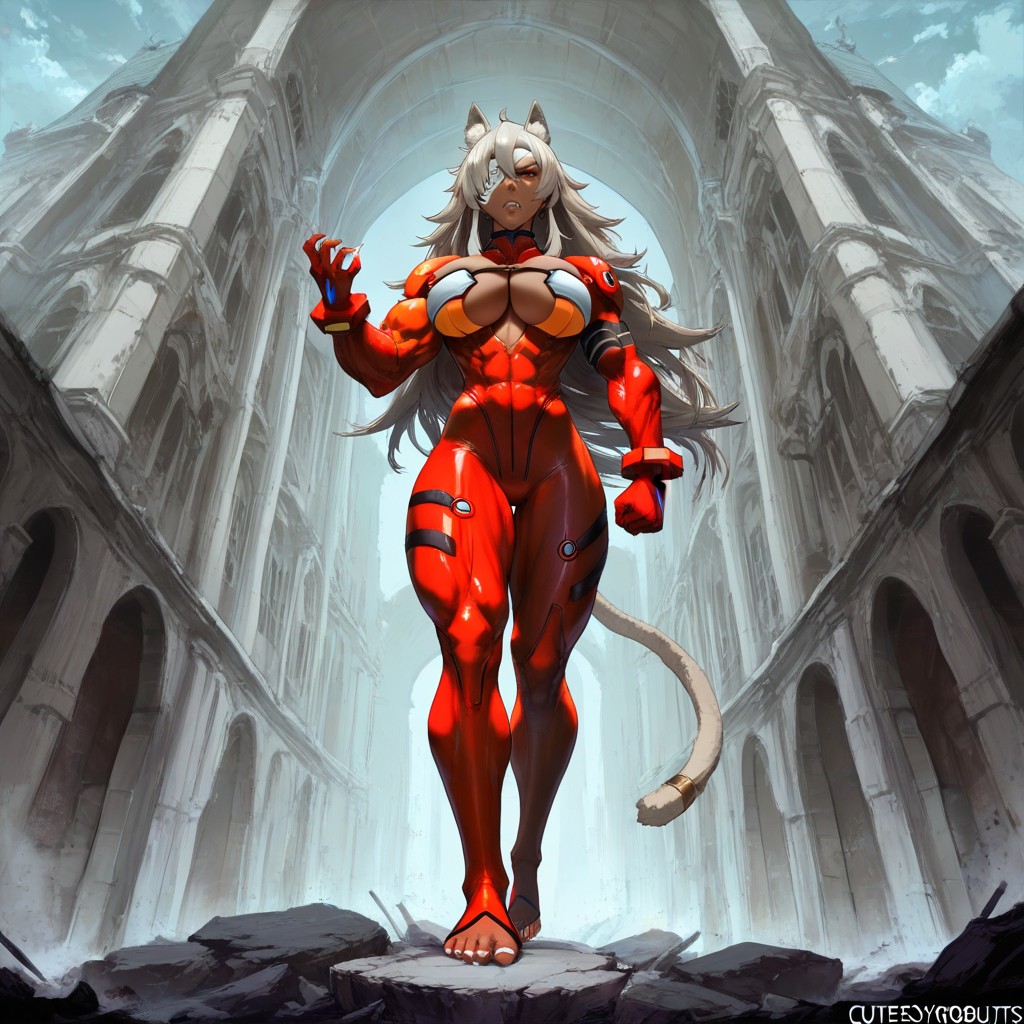 View From Below, Only Wearing Asuka Langley's Red Bodysuit, Very Muscular Arms Hentai AI Porn