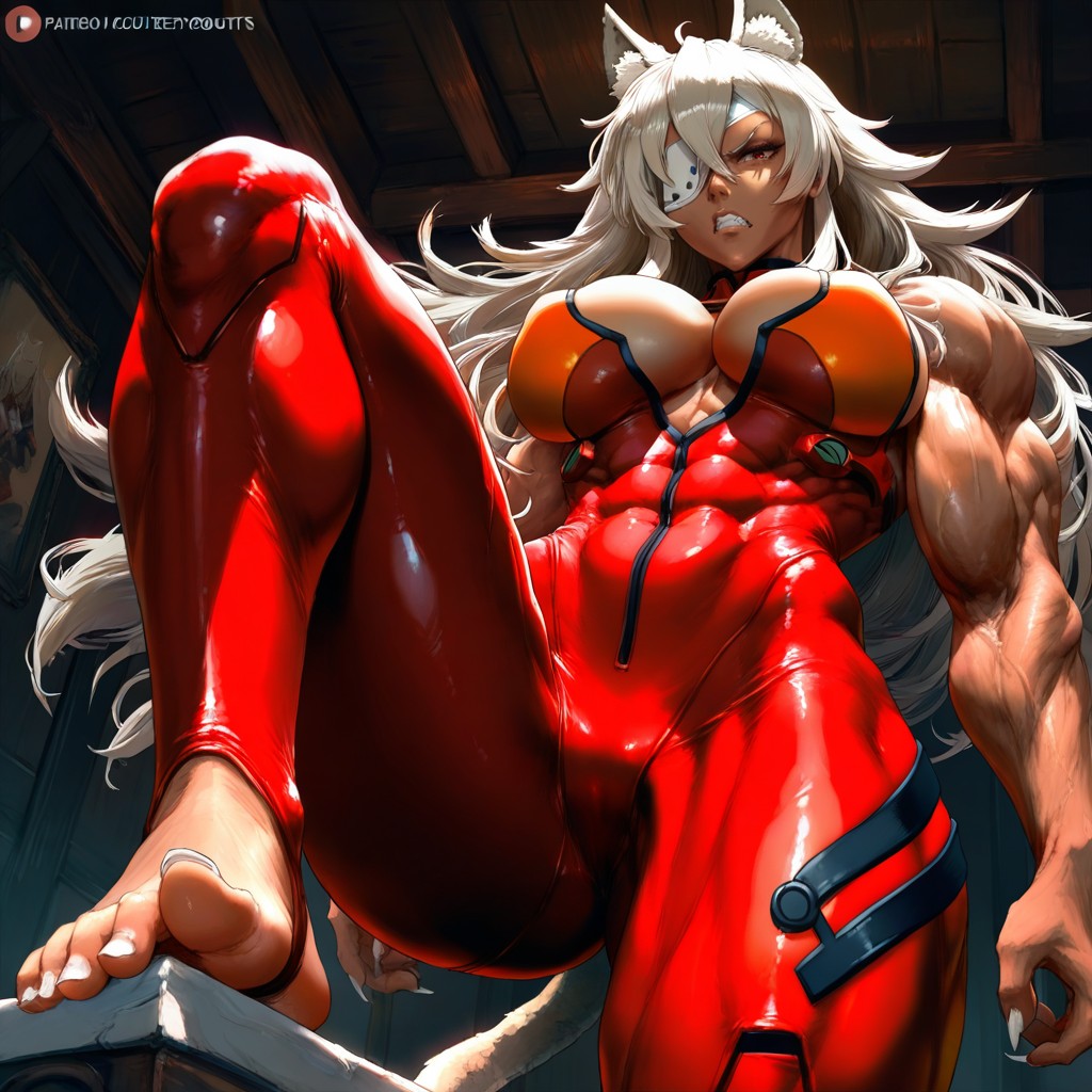 Red Rider Suit, Very Muscular Female, Full Bodysuit Hentai AI Porn