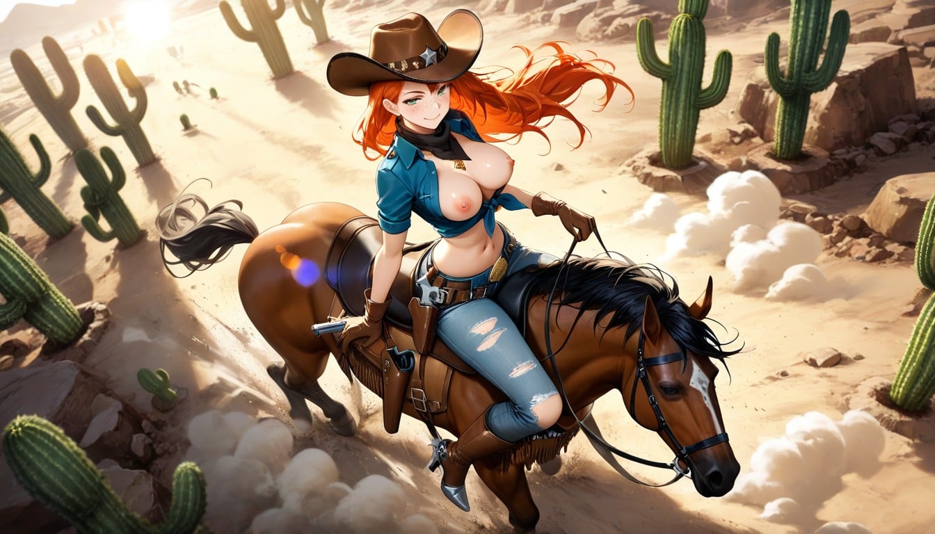 Knee High Leather Boots, Unbuttoned Cropped Shirt, On Horseback Hentai AI Porn