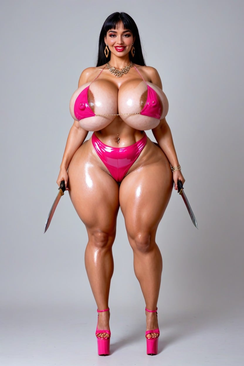 Pink Latex Skirt, Extremely Massive Breasts, Gigantic Hyper Ass AI Porn