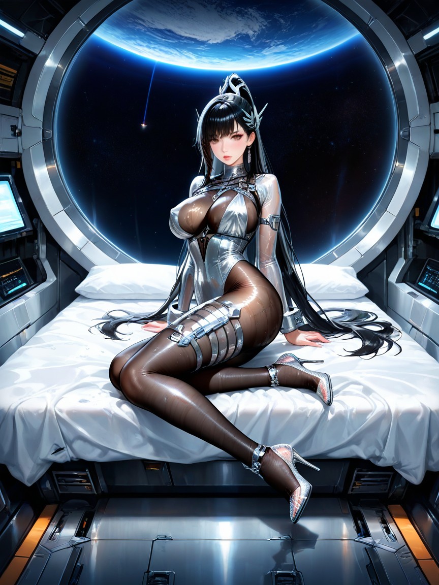 Ornate Futuristic Silver Metallic Trimming, Eve Is A Korean Woman With Brown Eyes And Black Hair, Soft Padded Bed Hentai IA
