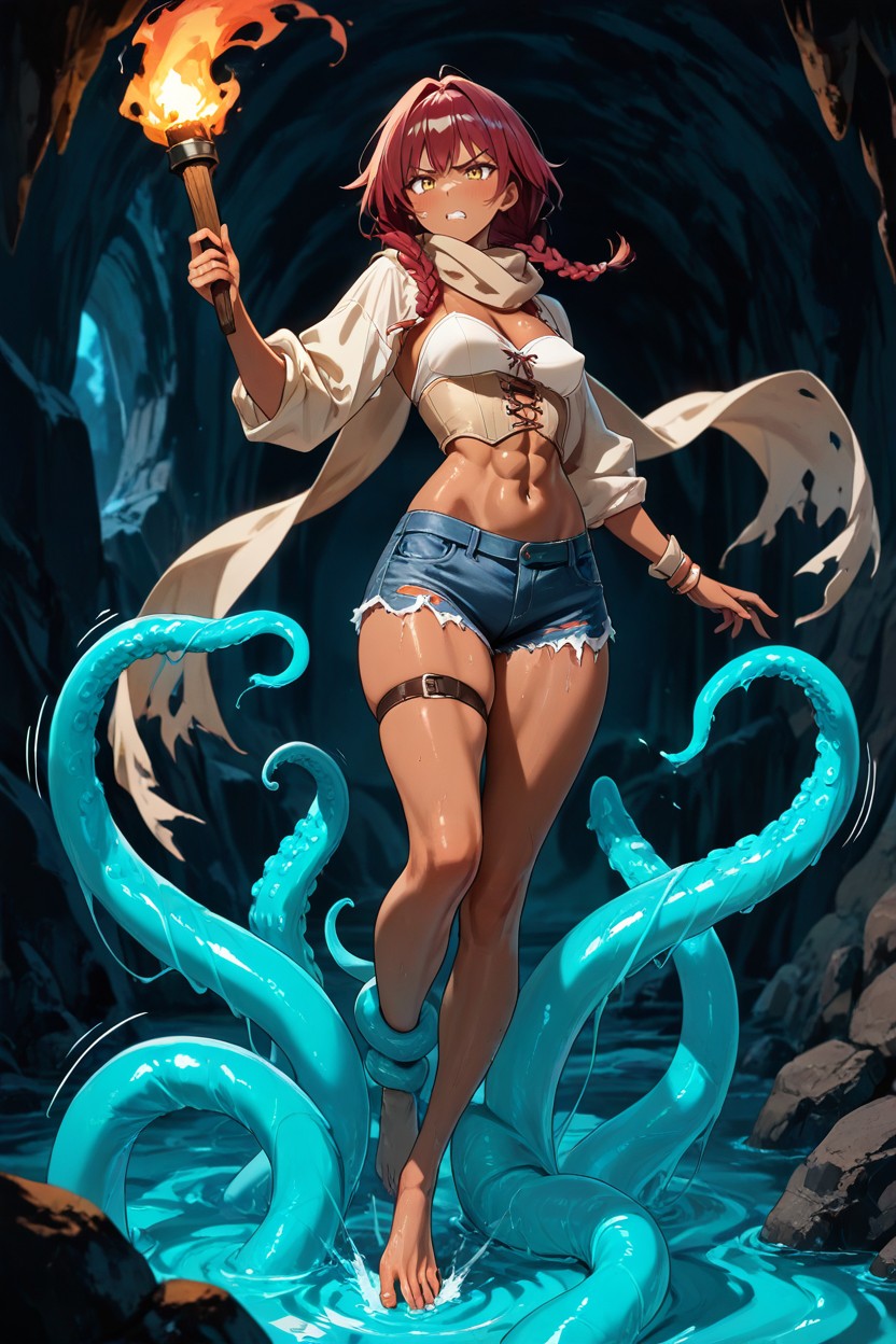 Elegant Dynamic Masterfully Thick Linework, Accurate Muted Colors, She Drop A Wood Torch From Her Hand Hentai AI Porn