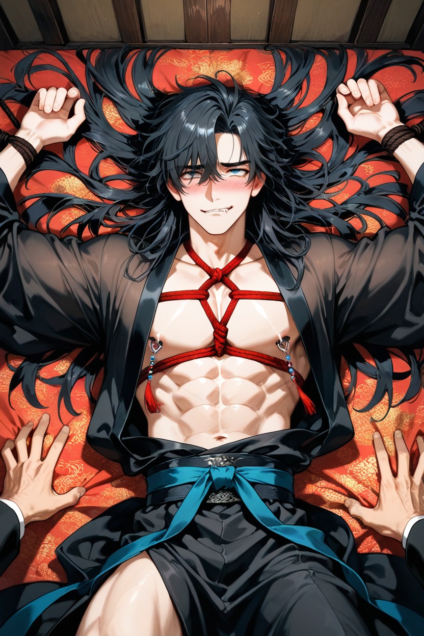 Arms Spread, Hands Tied Above, Bangs Slightly Swept To The Sides AI Gay Porn
