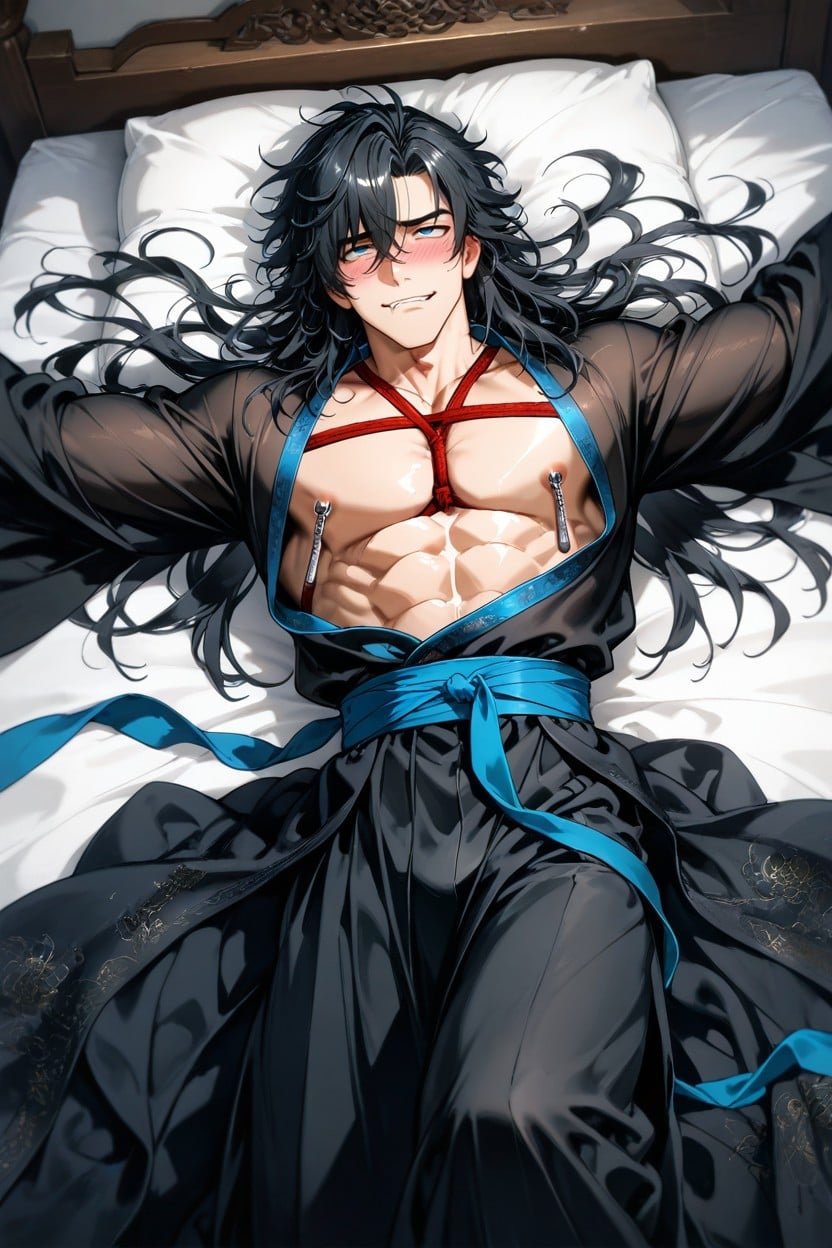 Shibari, Bangs Slightly Swept To The Sides, Lie With Legs Spread Wide AI Gay Porn