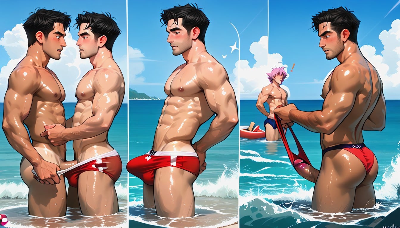 Embarrassed , Water, Red Speedo AI Gay Porn