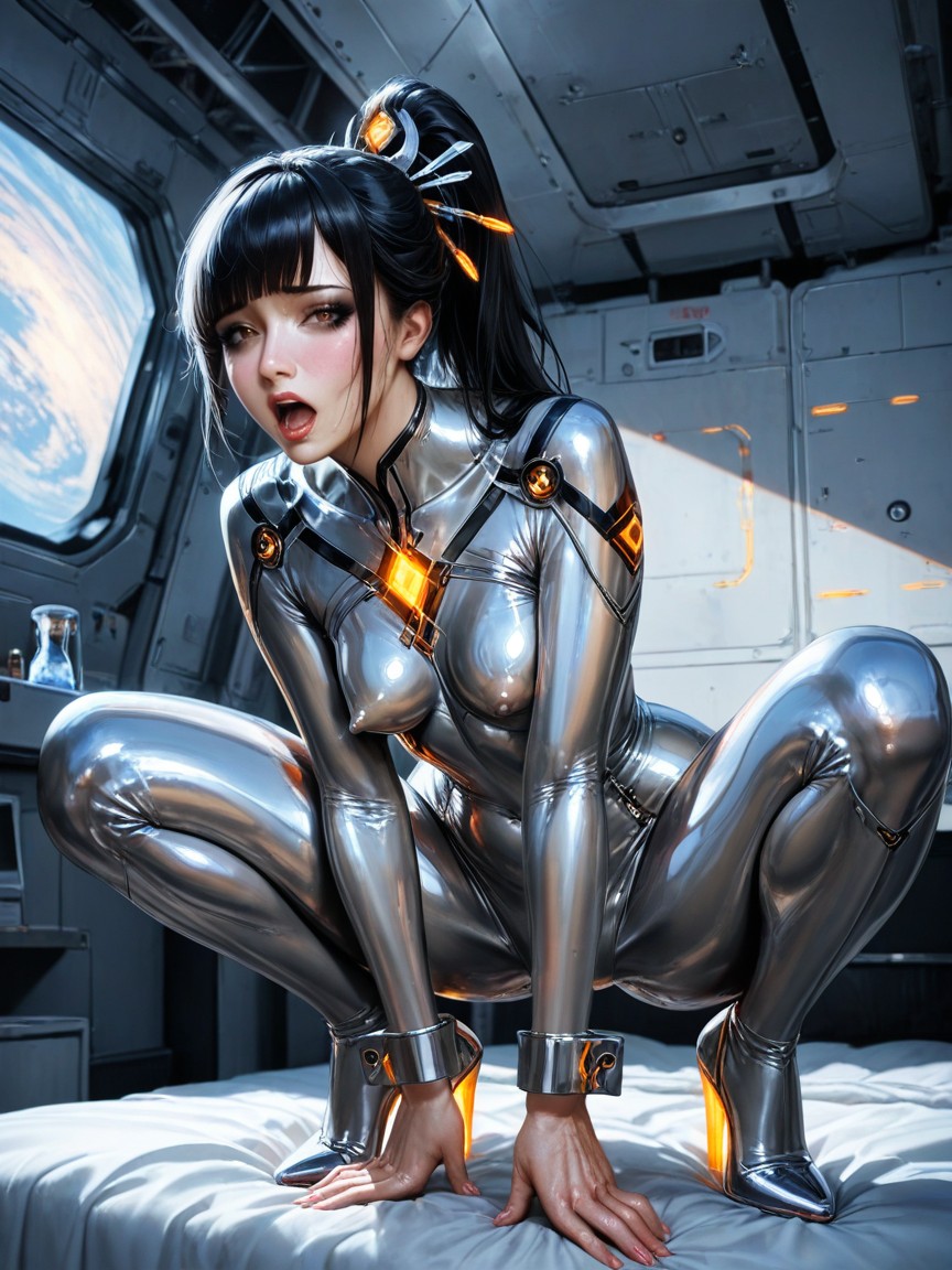 Detailed Body, Ultra Realistic, Sleek Futuristic White Space Station Bedroom Hentai AI Porn