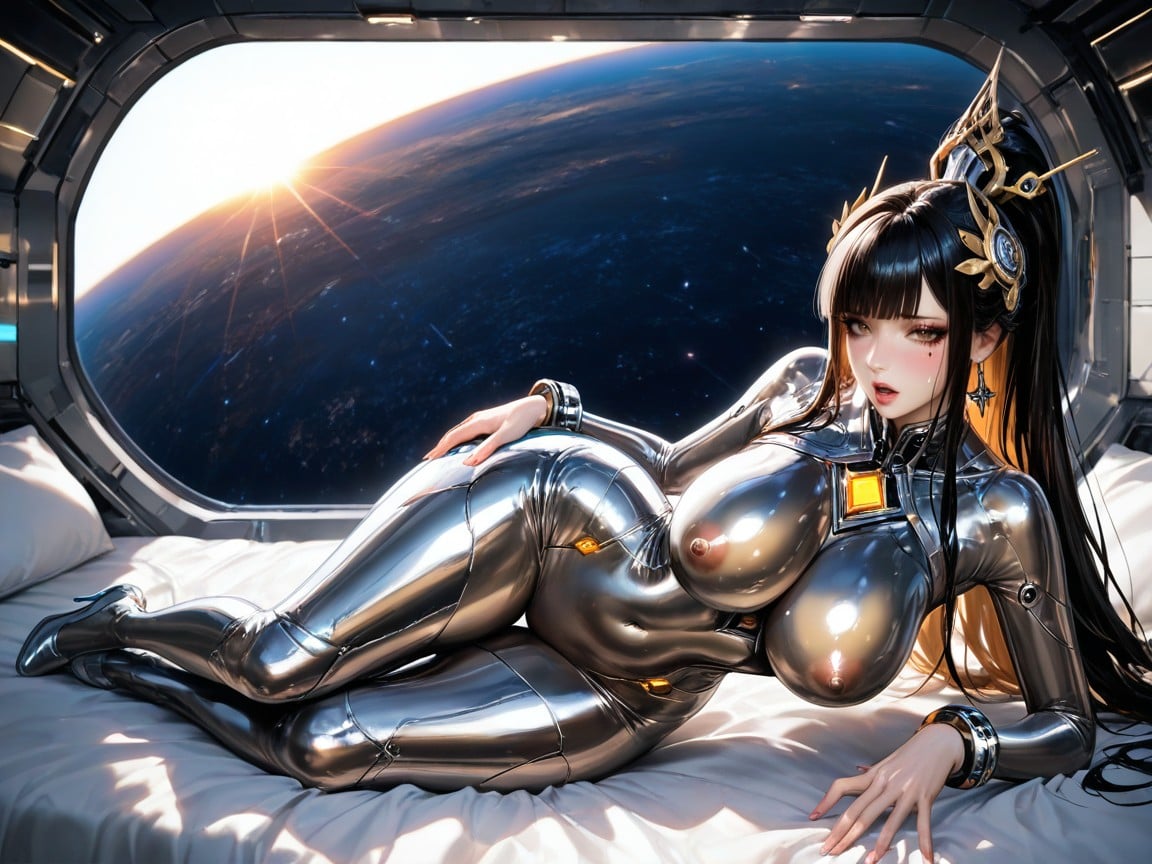 Ultra Realistic, Sleek Futuristic White Space Station Bedroom, Glossy Lips Hentai AI Porn