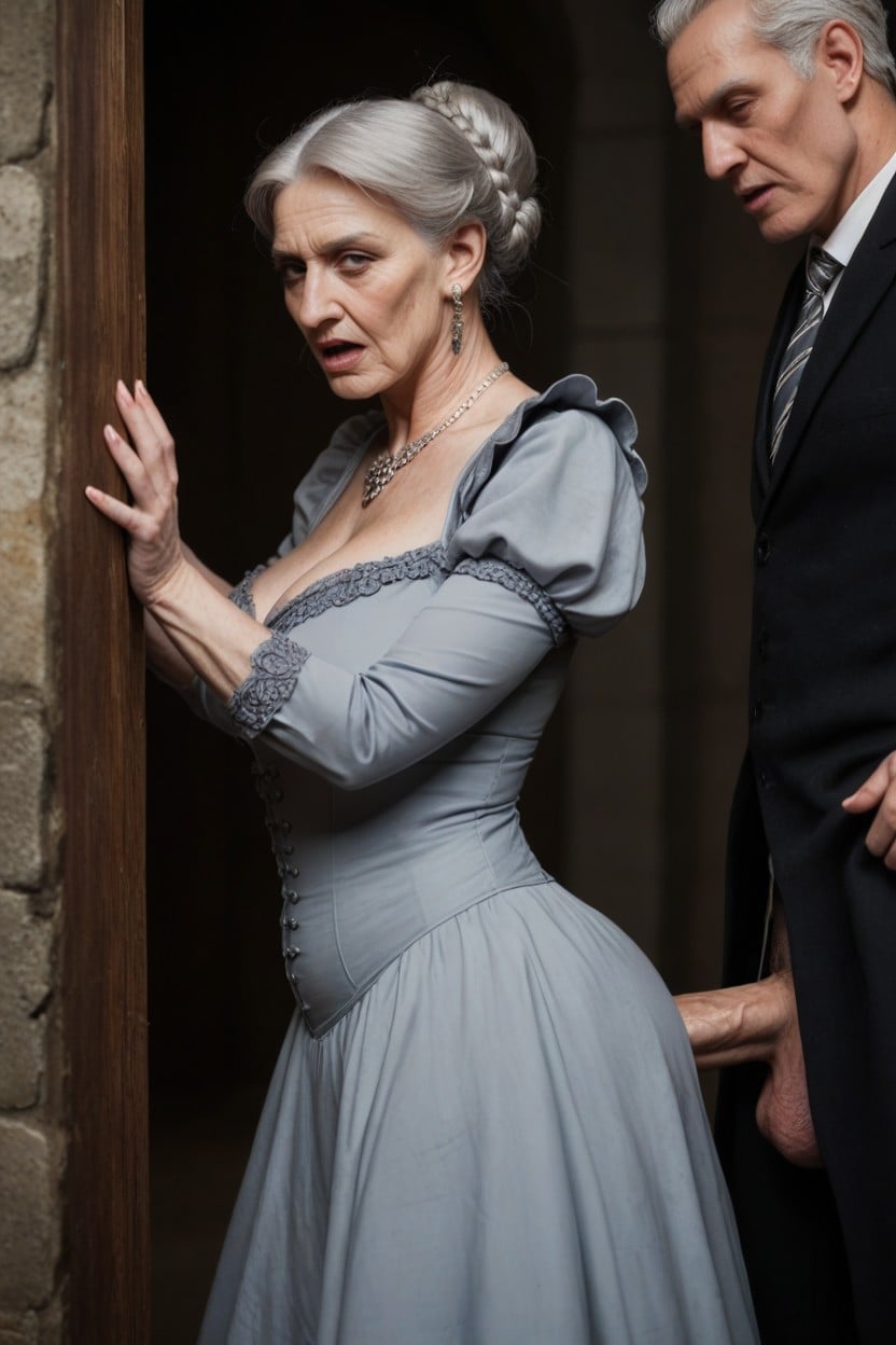 Vaginal Fucked Through Hole In Her Victorian Costume Dress, Ash Hair, Huge White Monster Cock AI Porn
