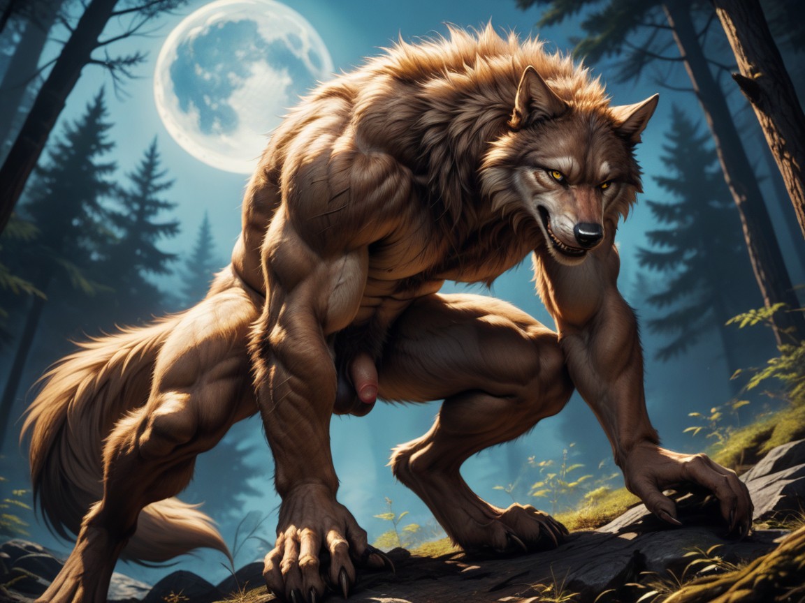 The Werewolfs Naked Body Form On Full Display, 1 Person, Werewolf Oversized Large Fur Covered Torso Furry AI Porn