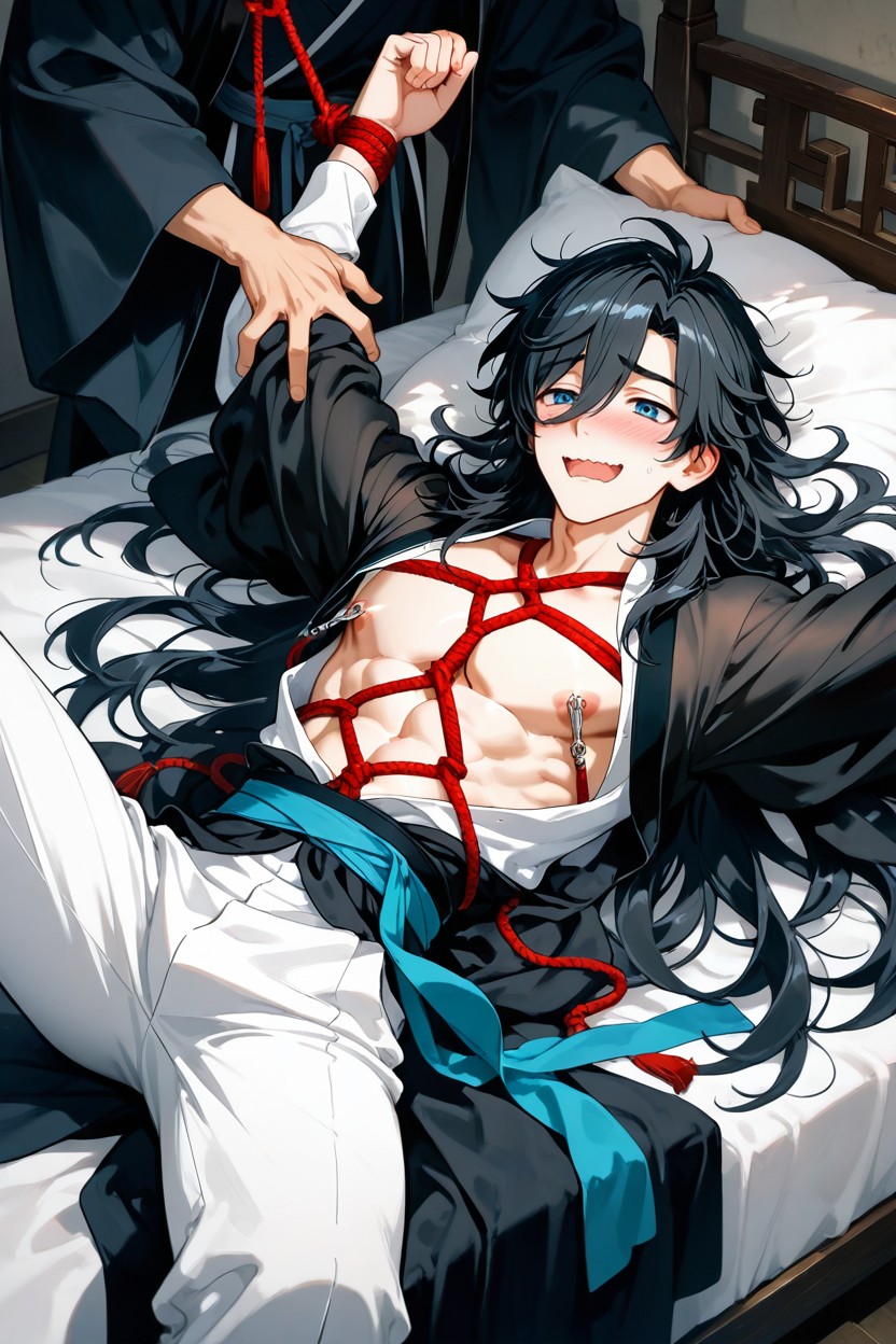 White Body, Nipple Clamp, Black Long Hanfu AI Gay Porn