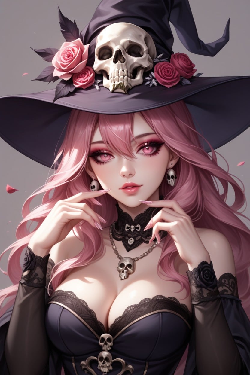 Witch_hat, Medium_breasts, Skull_hair_ornament Hentai AI Porn