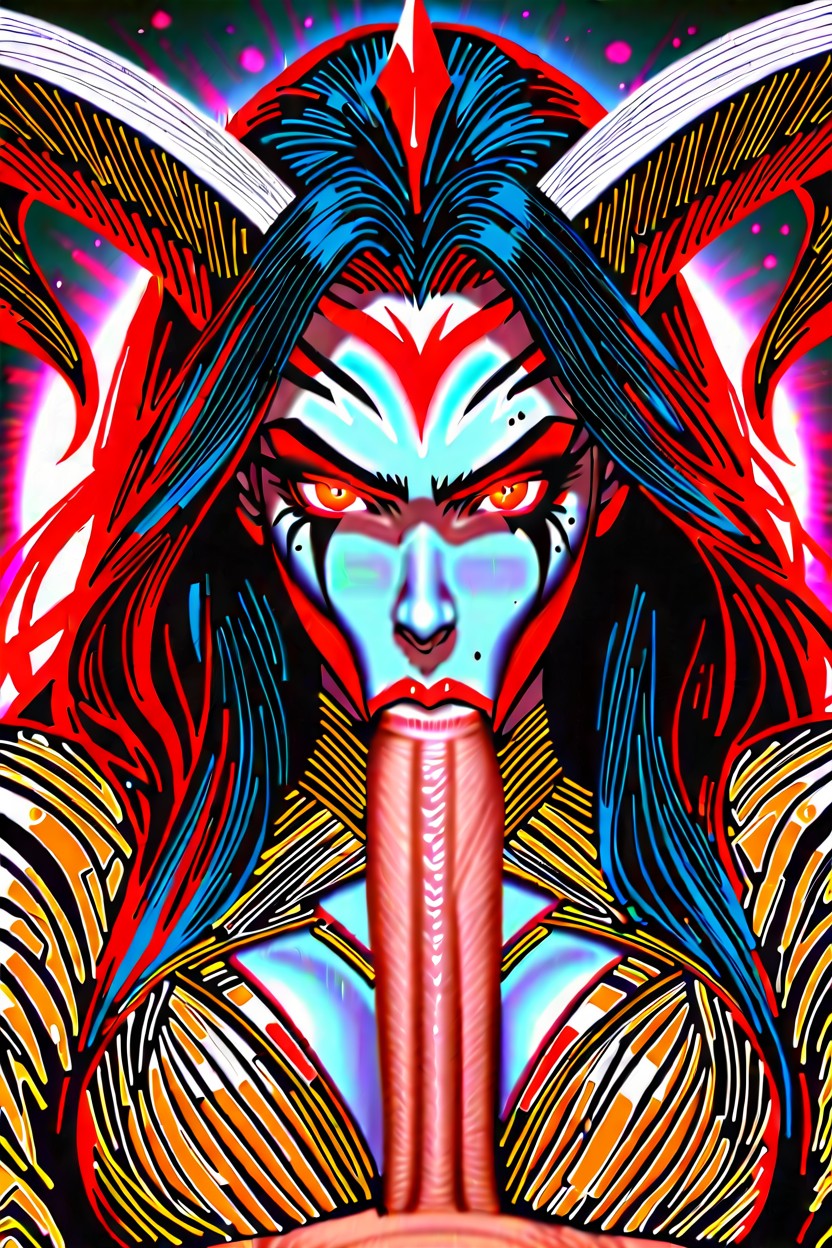 Elegant Demon Horns And Dark Wings, Puffy Bimbo Lips, Red Glowing Eyes Hentai AI Porn
